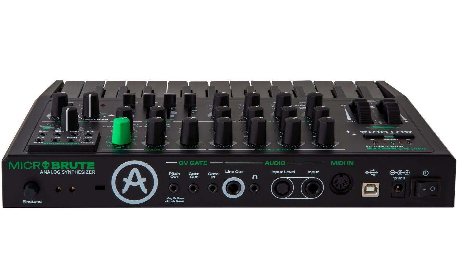 Arturia MicroBrute UFO keyboard synthesizer with control knobs and input/output ports on the back panel.