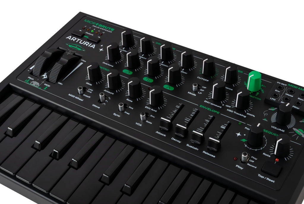 Arturia MicroBrute UFO keyboard synthesizer with compact design, knobs, and controls for versatile sound creation.