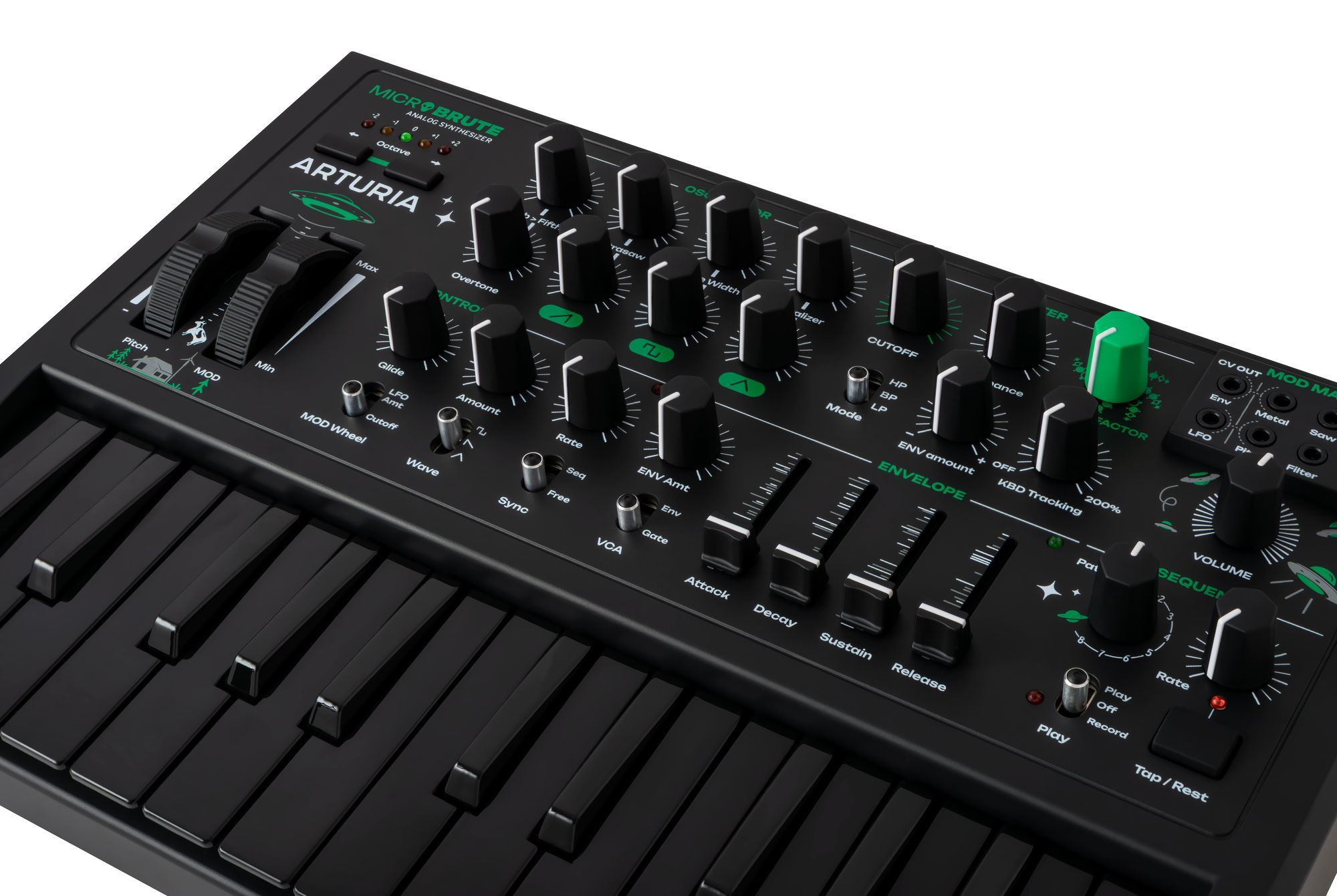 Arturia MicroBrute UFO keyboard synthesizer with compact design, knobs, and controls for versatile sound creation.