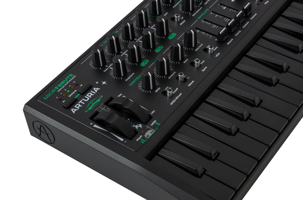Arturia MicroBrute UFO keyboard synthesizer with knobs, switches, and LED display, showcasing its compact design and control panel.