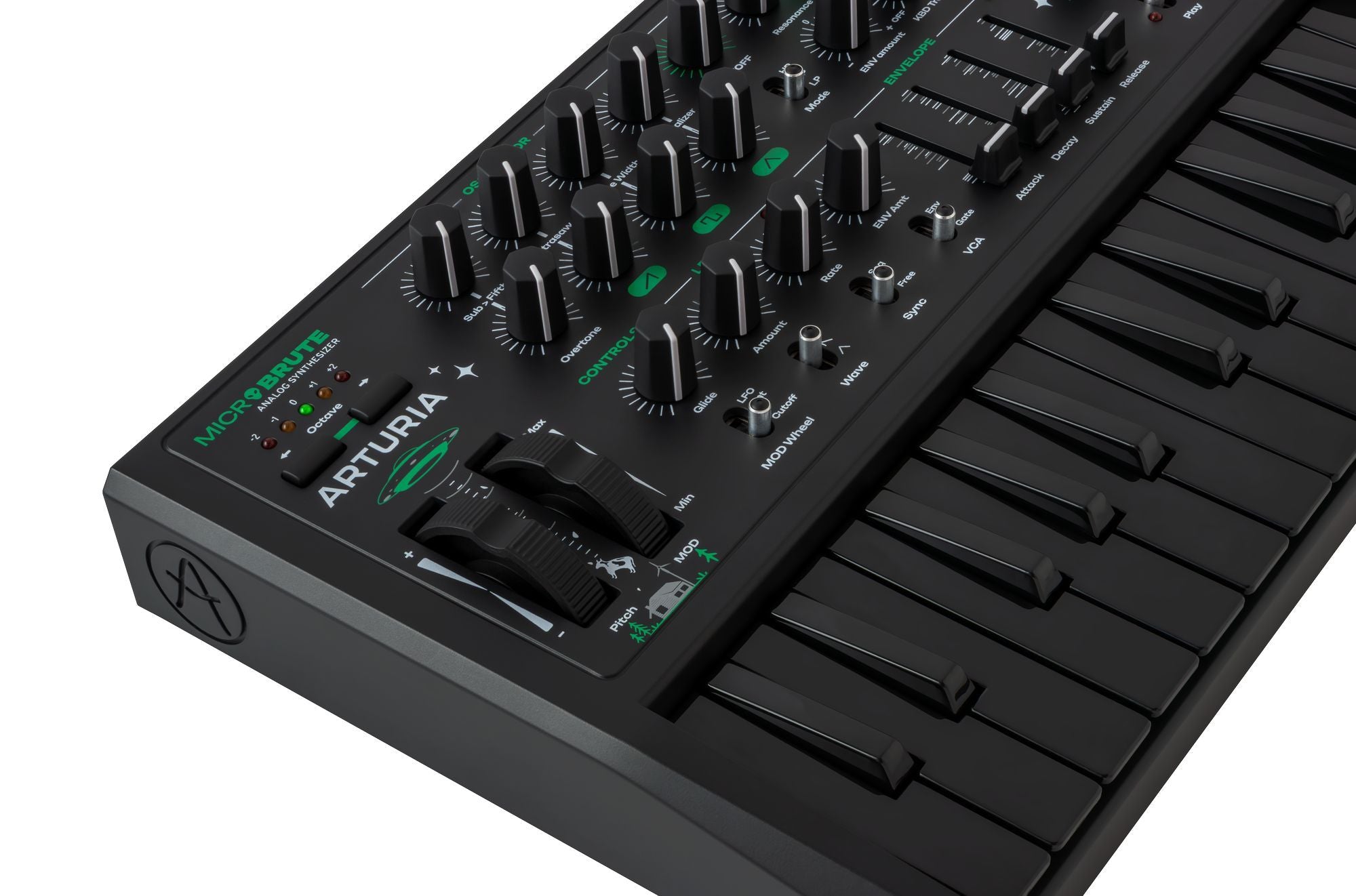 Arturia MicroBrute UFO keyboard synthesizer with knobs, switches, and LED display, showcasing its compact design and control panel.