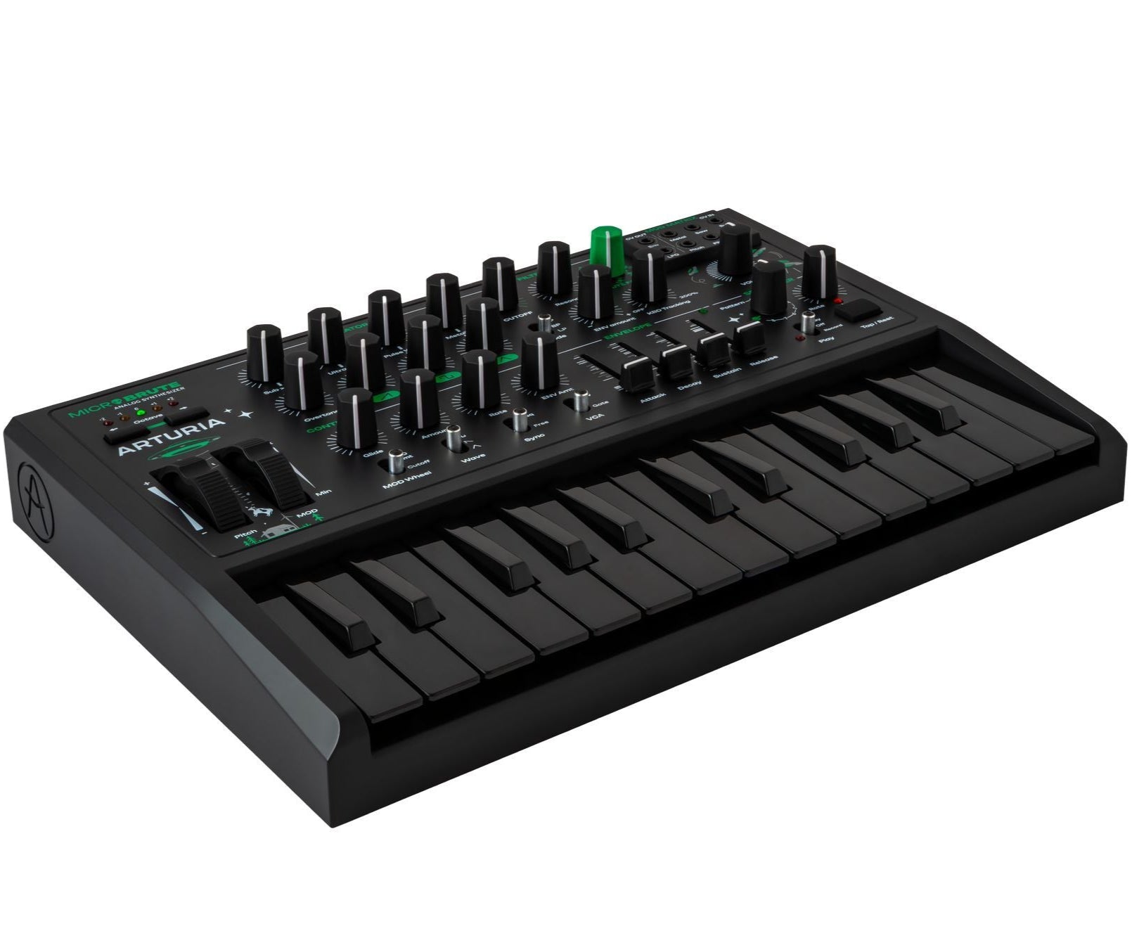 Arturia MicroBrute UFO keyboard synthesizer with control knobs and LED display, viewed from the left side.
