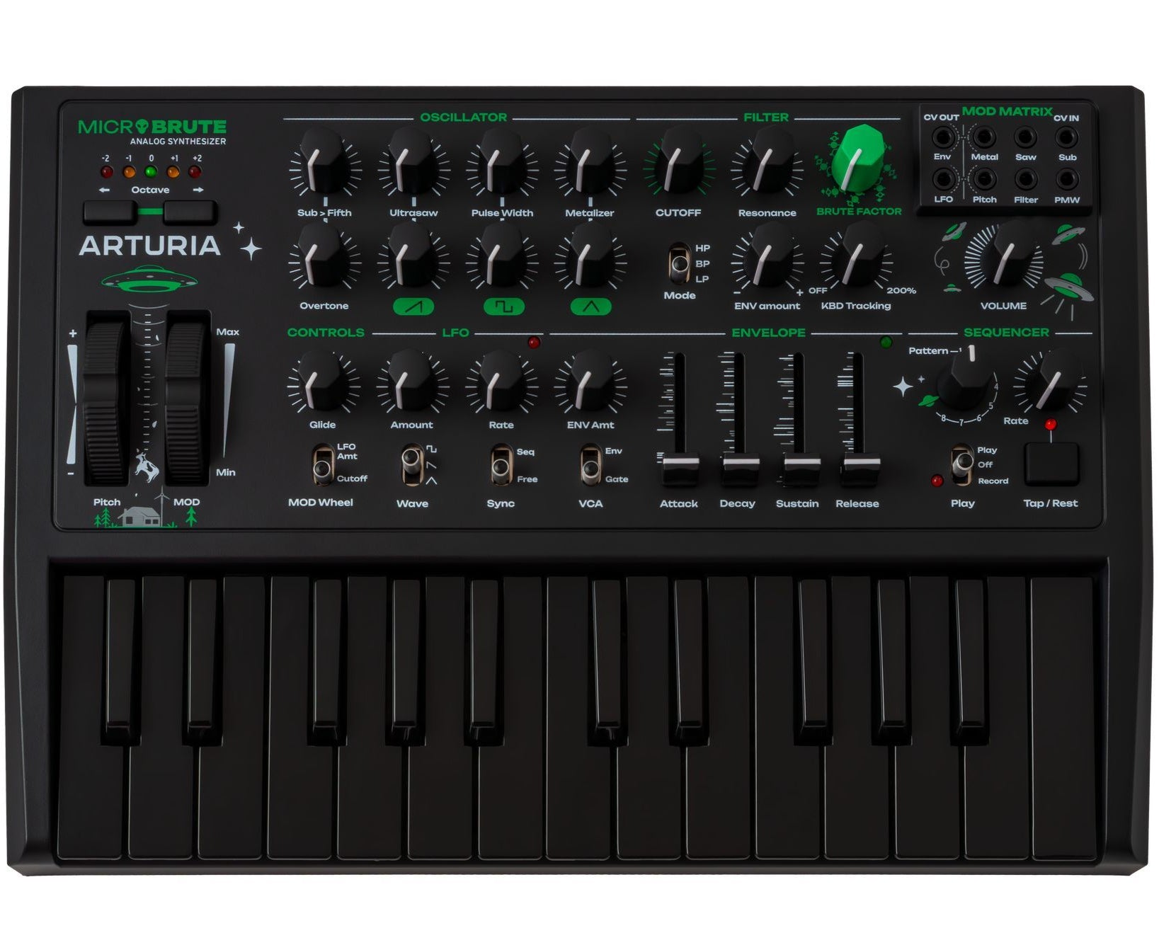 Arturia MicroBrute UFO keyboard synthesizer top view showing knobs, keyboard keys, and control panel.