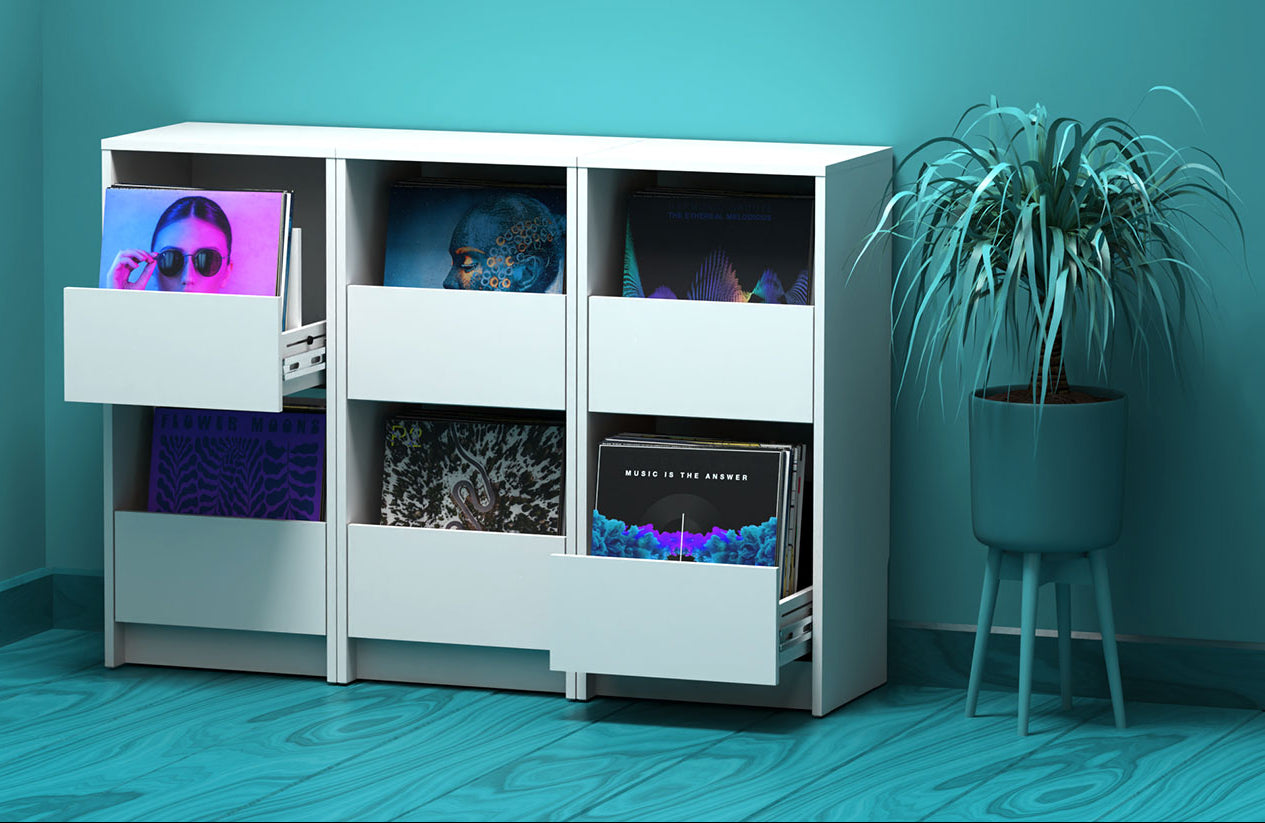 Glorious Vinyl Vault DJ table and furniture with sleek black finish, designed for vinyl record storage and DJ setup.