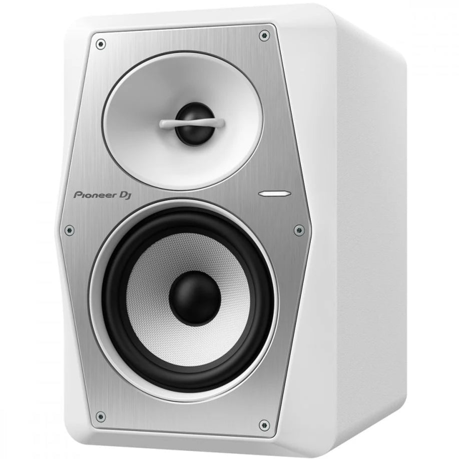Pioneer DJ VM-50 active nearfield monitor speaker shown at an angle, highlighting its sleek black design and front grille.