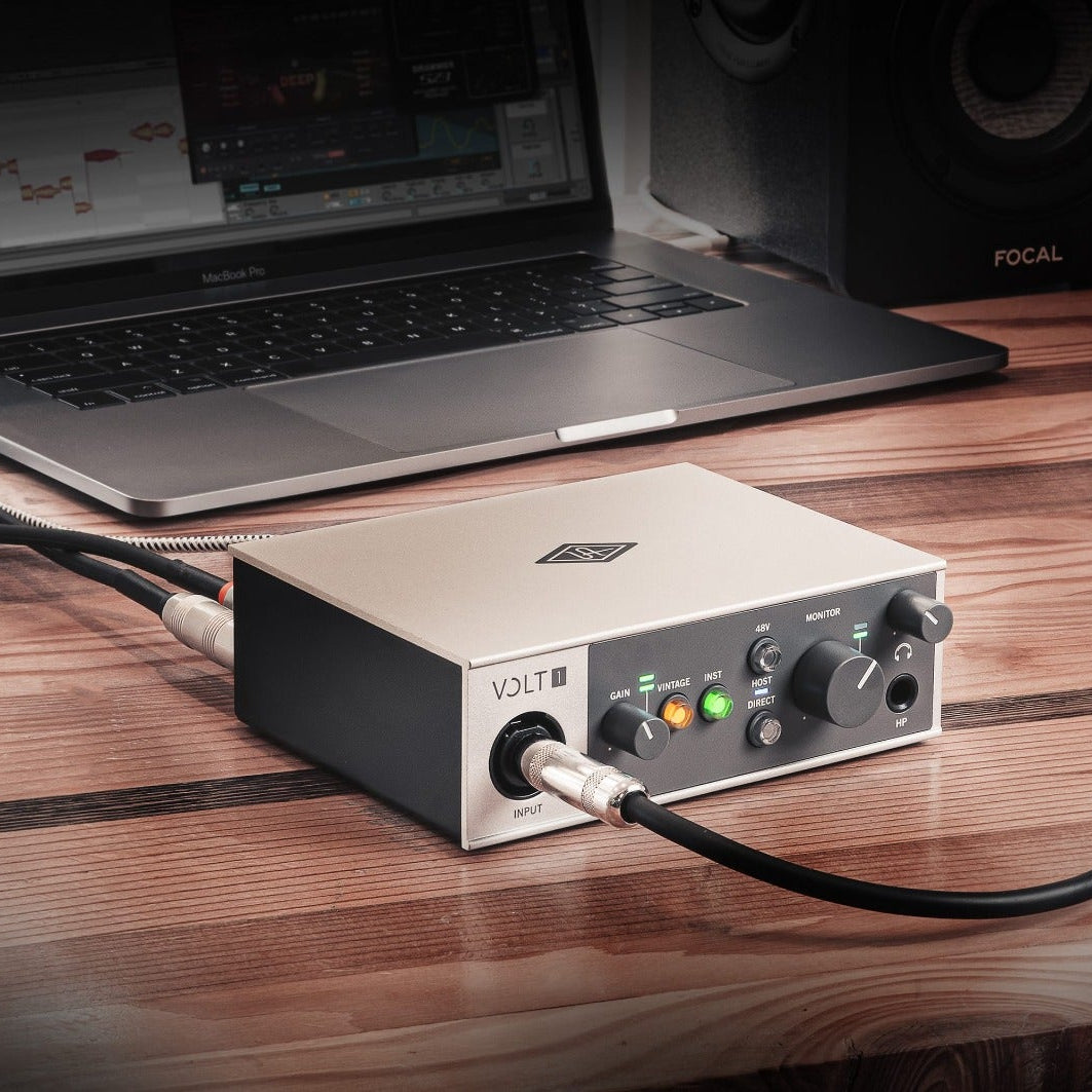 Universal Audio Volt 1 audio interface with input knobs and connection ports, compact design for music recording and production.