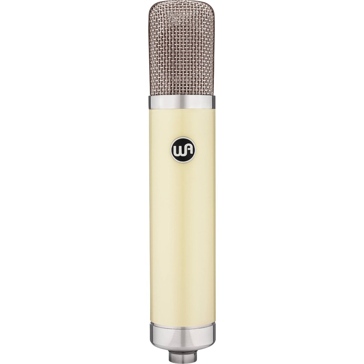 Warm Audio WA-251 condenser microphone shown with vintage-style silver design and detailed grille for studio recording.