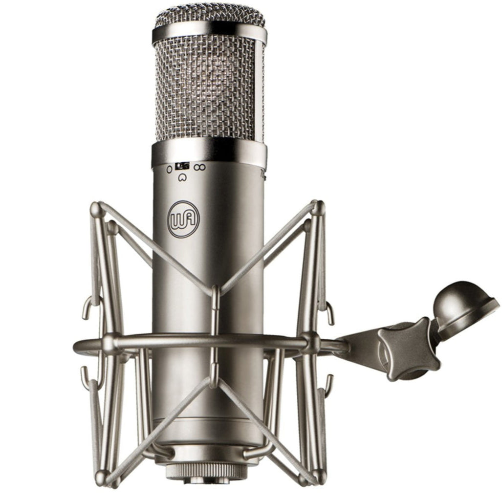 Warm Audio WA-47jr FET condenser microphone, showing the compact black microphone with gold accents and brand logo.