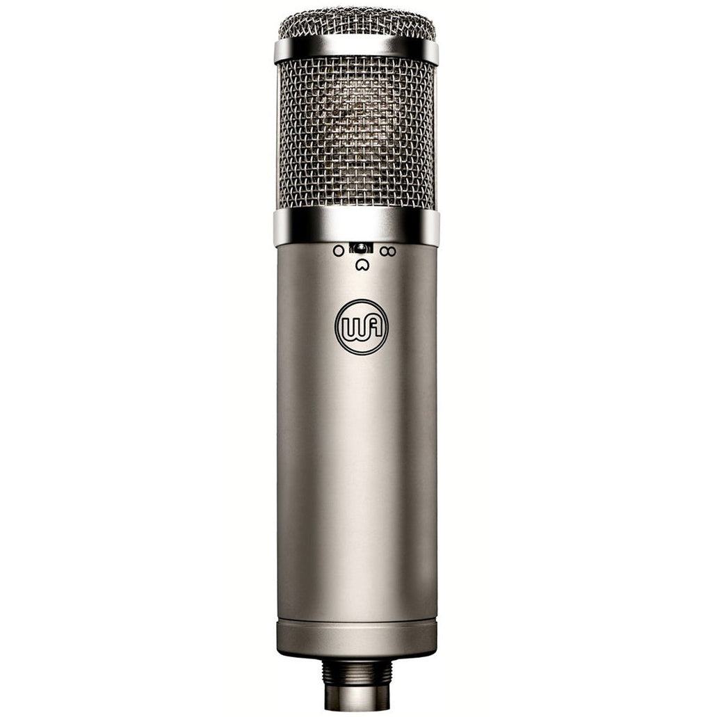 Warm Audio WA-47jr FET condenser microphone shown with silver body and vintage-style grille for studio recording.