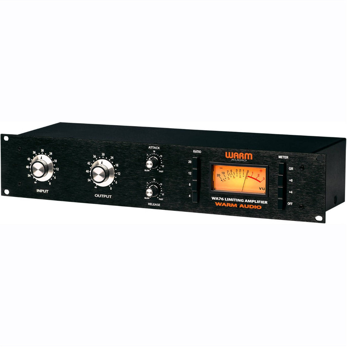 Warm Audio WA76 signal processor with vintage-style compressor and controls, shown in a close-up shot.