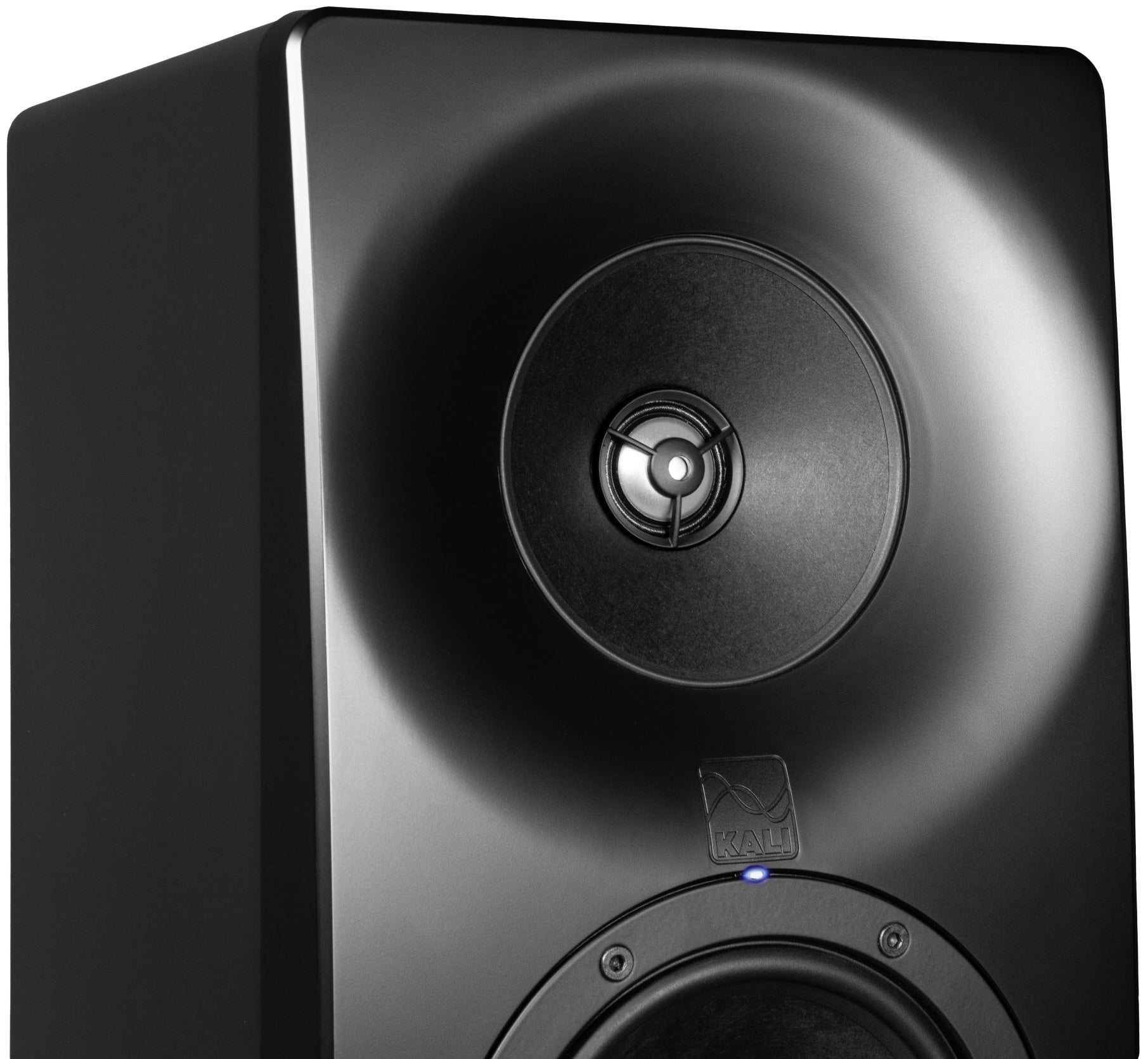 Close-up of Kali Audio SM-5 active nearfield monitor waveguide showing detailed construction and sleek design.