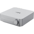 WiiM AMP music streamer device with sleek design, front display, and control buttons, designed for high-quality audio streaming.