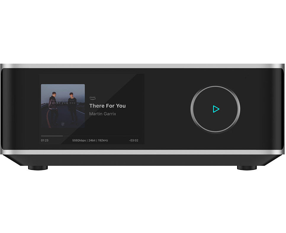 WiiM Amp Ultra silver stereo amplifier with all-in-one audio system design, featuring multiple input options and sleek modern look.