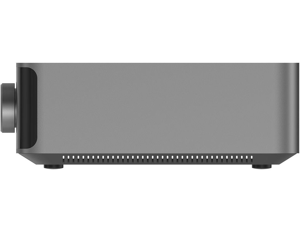 WiiM Amp Ultra stereo amplifier in space grey, showcasing all-in-one audio system with sleek design and control panel.