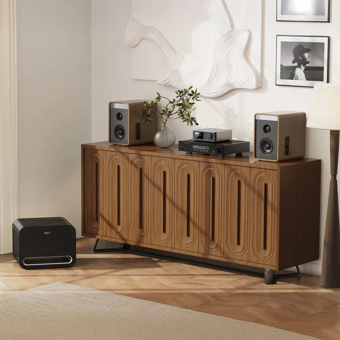 WiiM Sub Pro 8-inch wireless smart subwoofer with 250W power, Wi-Fi and Bluetooth, black color.
