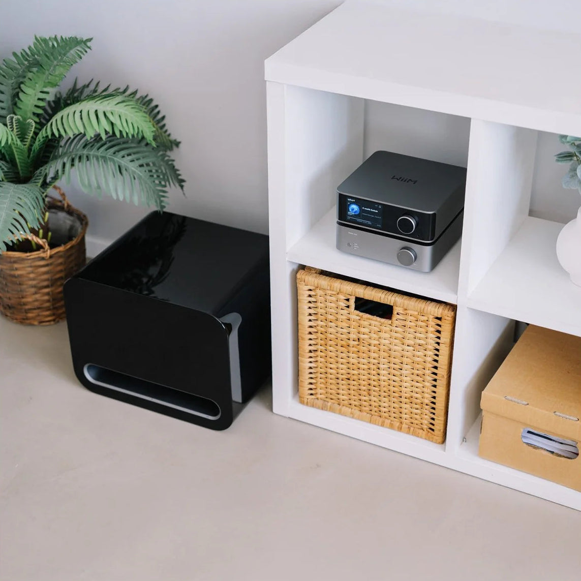 WiiM Sub Pro 8-inch wireless smart subwoofer with 250W power, Wi-Fi and Bluetooth connectivity in black