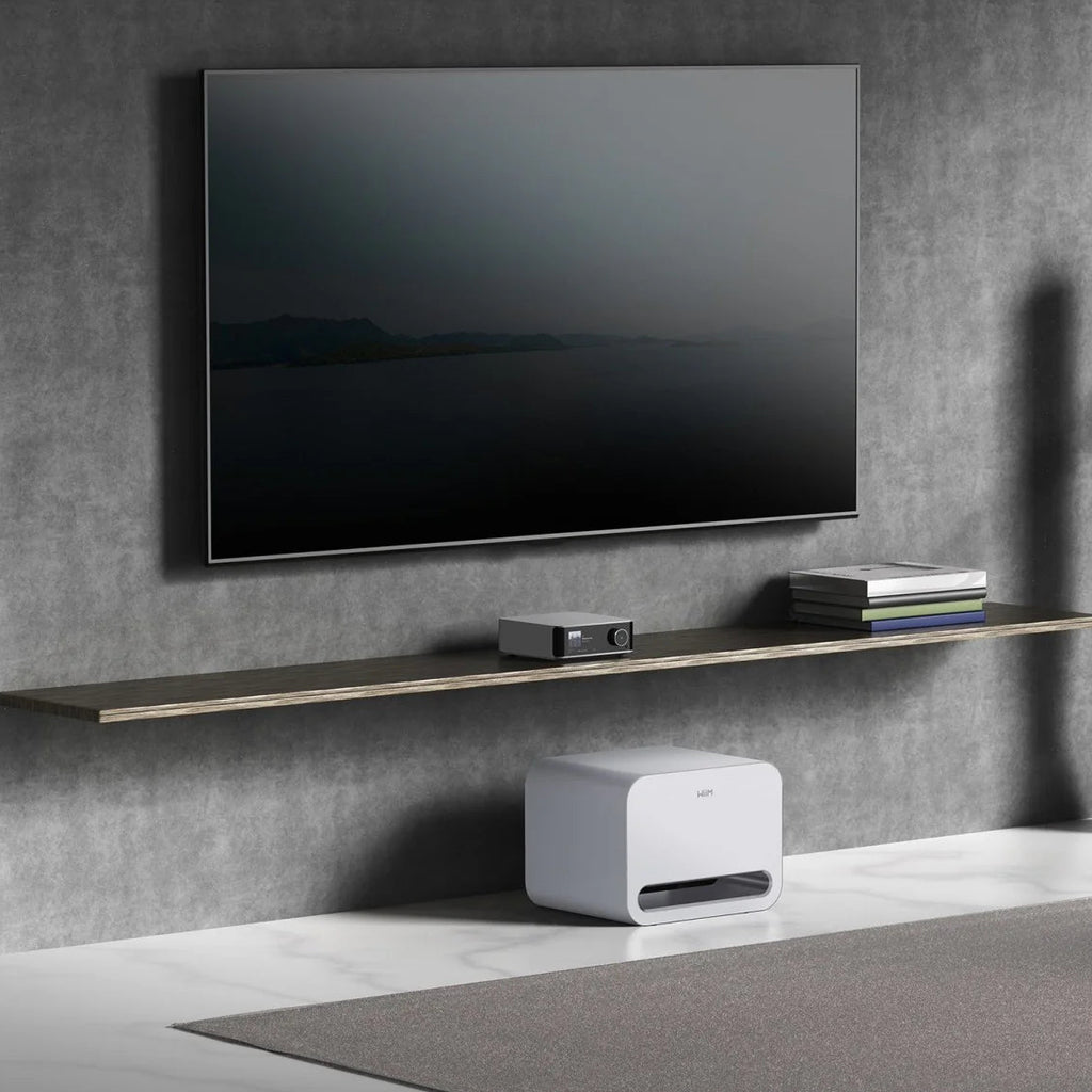 WiiM Sub Pro 8-inch wireless smart subwoofer with 250W power, Wi-Fi and Bluetooth connectivity, in white color.