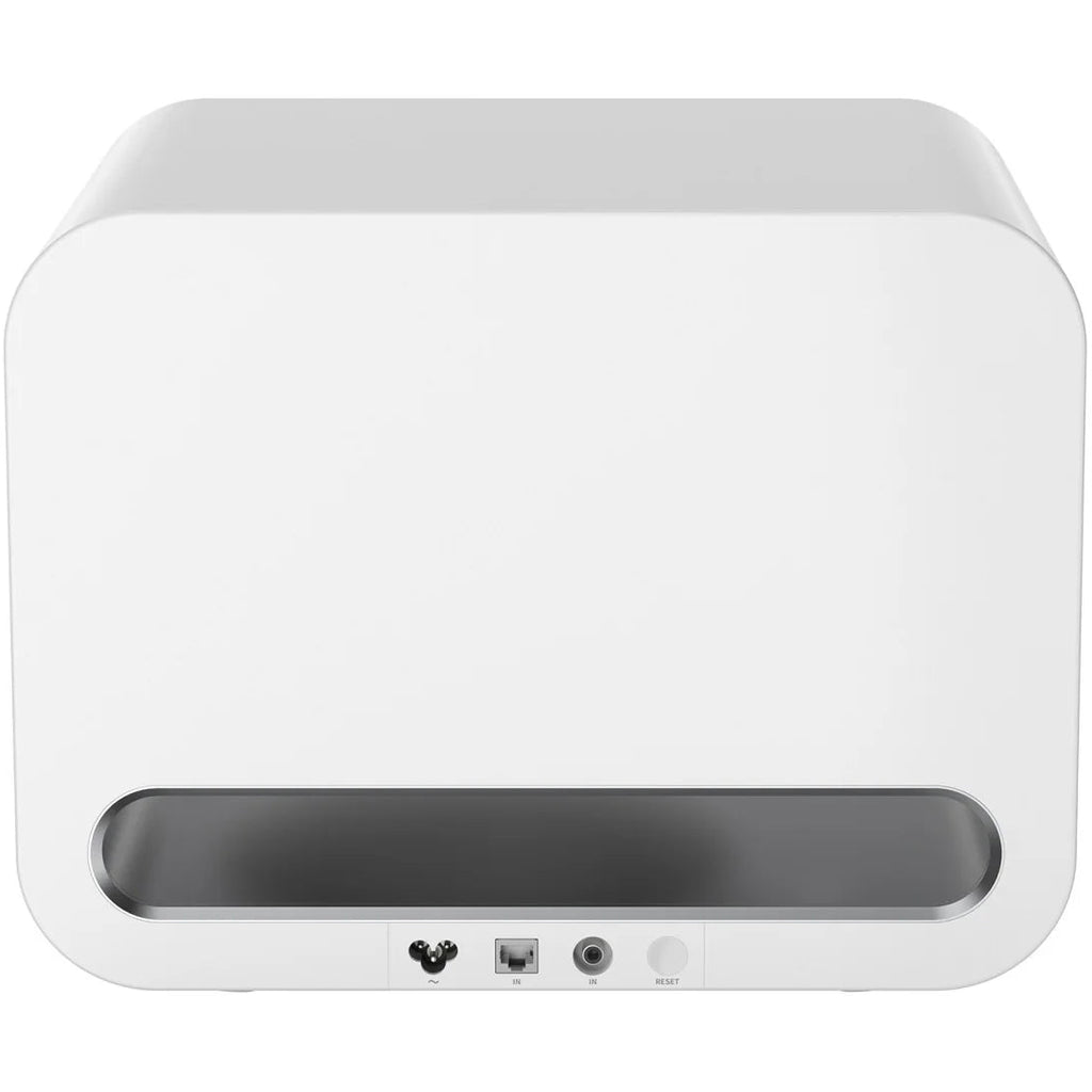WiiM Sub Pro 8-inch wireless smart subwoofer with 250W power, Wi-Fi and Bluetooth connectivity, white color.