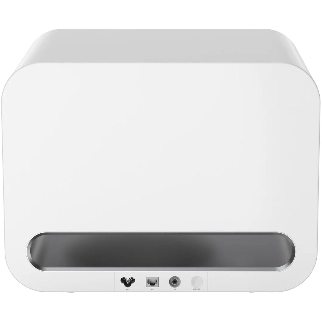 WiiM Sub Pro 8-inch wireless smart subwoofer with 250W power, Wi-Fi and Bluetooth connectivity, white color.