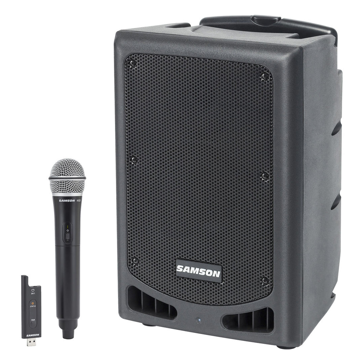 Samson XP208W portable PA system with two speakers and built-in mixer, set up for an outdoor event.