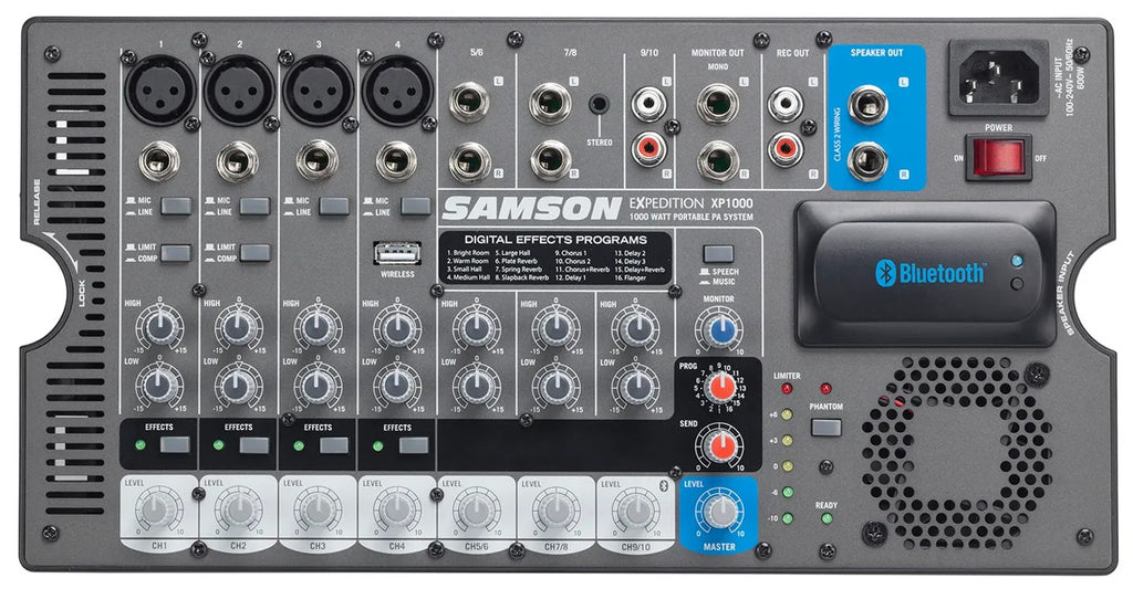 Samson XP1000 PA speaker system with mixer head, showing front view of the professional audio equipment.