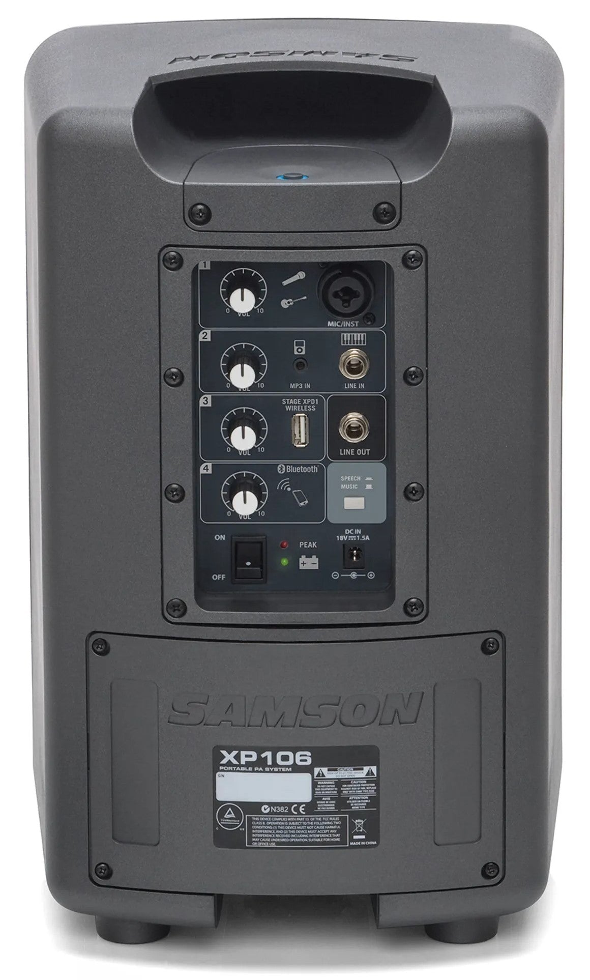 Samson Expedition XP106w PA speaker with rear control panel and input connections, designed for portable audio setups.