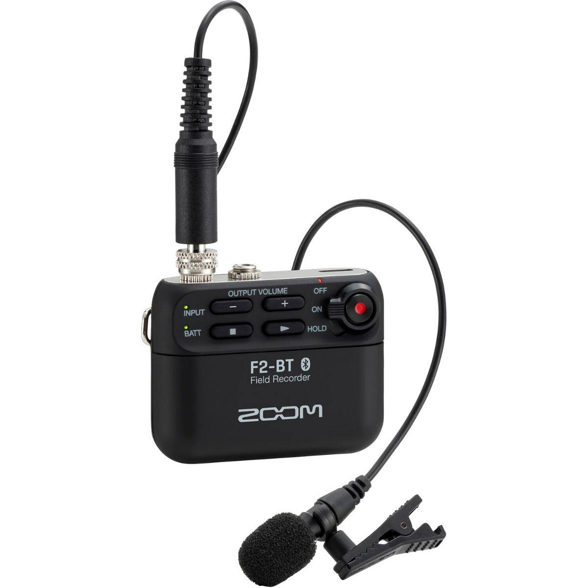 Zoom F2-BT field recorder, front view.