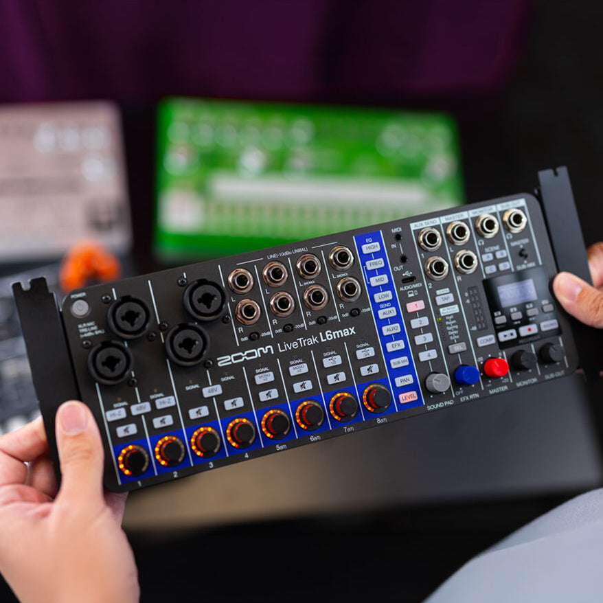Zoom LiveTrak L6max digital mixer, detail view.